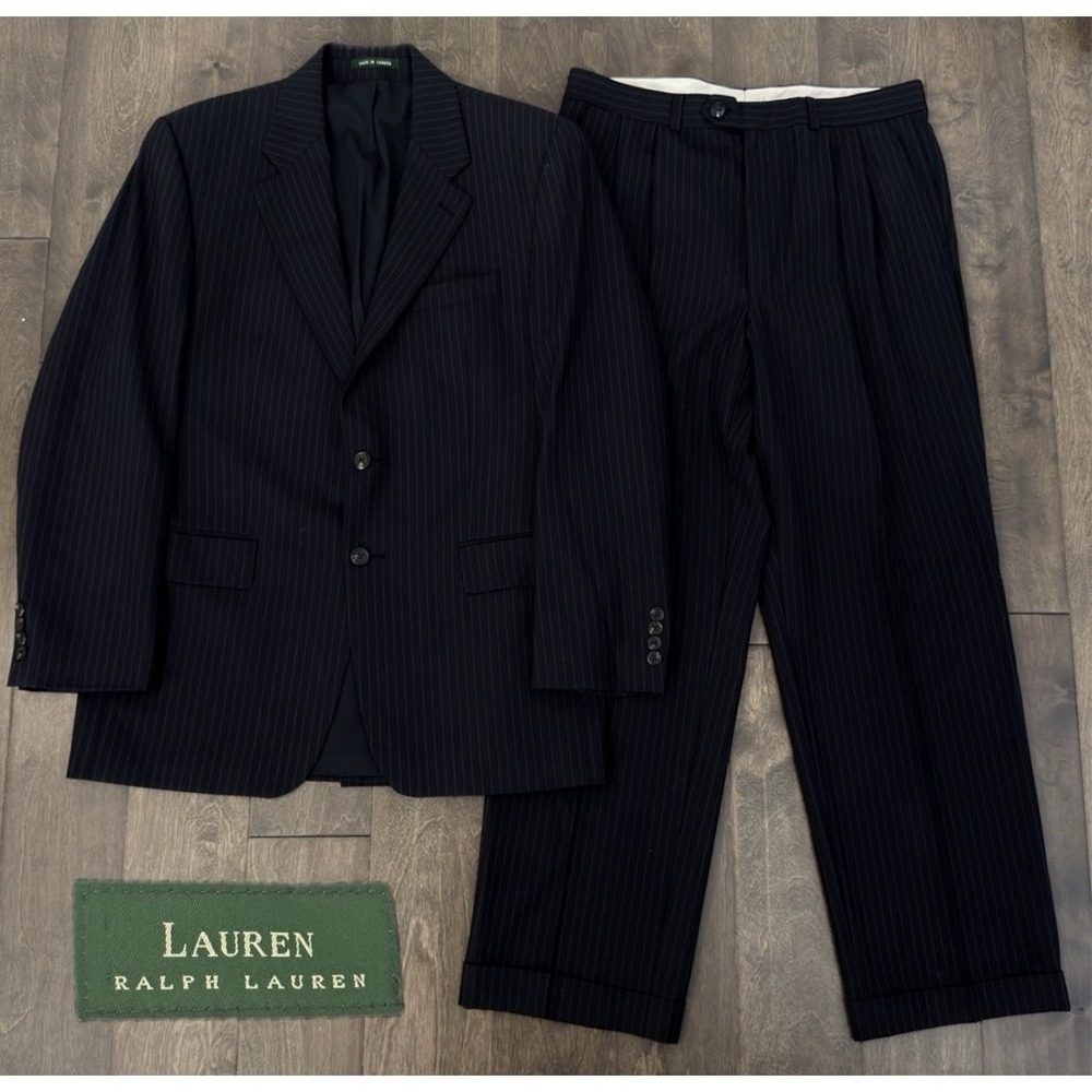 Lauren Ralph Lauren Mens Navy Pinstripe 2PC Suit 40R Jacket 34x30 Pleated Pants